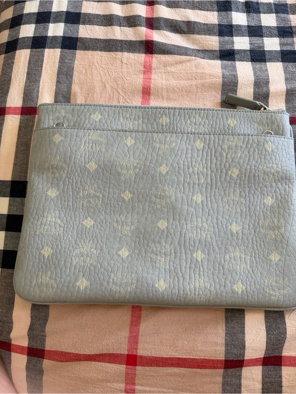 MCM Pale Blue Monogram Leather Zip Clutch - Picture 2 of 5